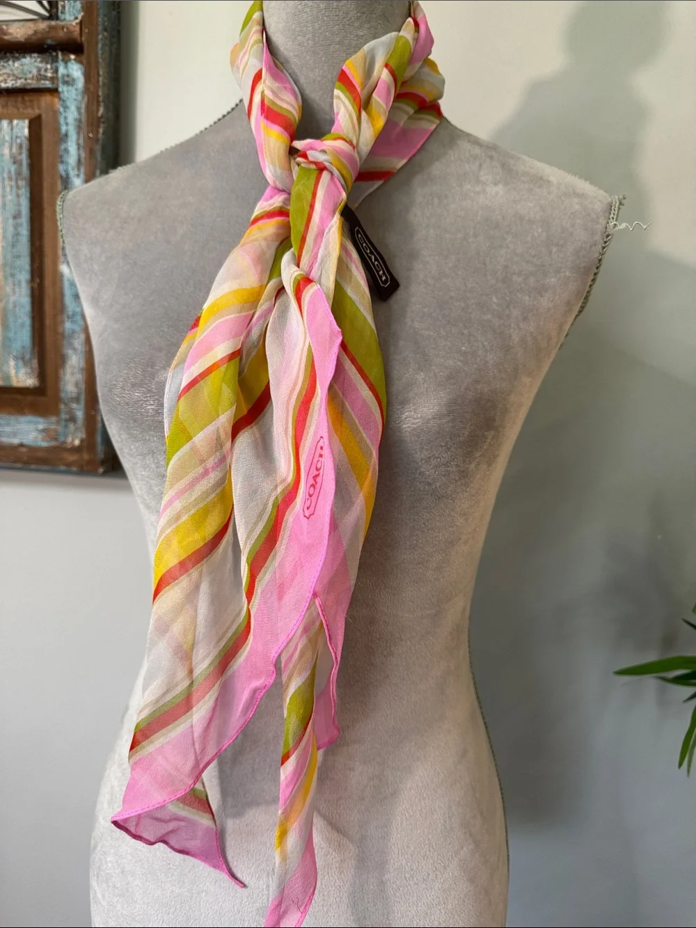 Coach Pink & Green Striped Silk Scarf EUC